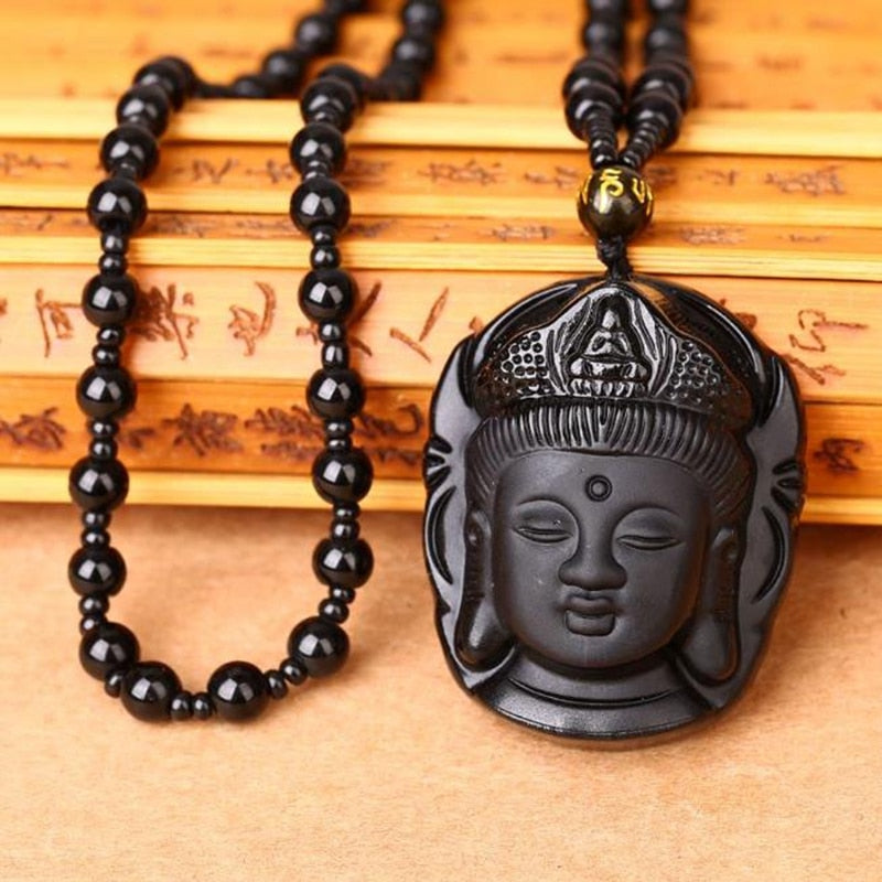 Black Obsidian Hand-carved Buddha Necklace - aubreyandclaudia