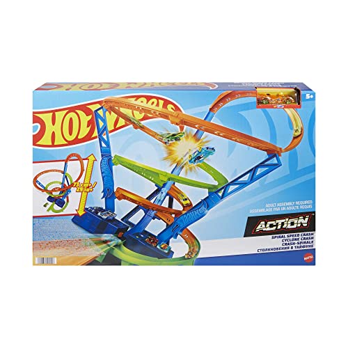 Hot Wheels Sky Crash Tower Track Set, 2.5+ ft High with Motorized Booster,  Orange Track & 1 Hot Wheels Vehicle, Race Multiple Cars, Gift for Kids 5 to