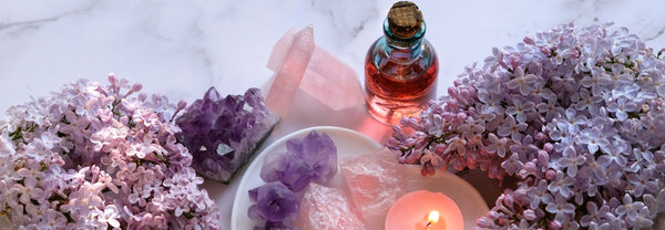 lilac essentail oil bottle candle crystals