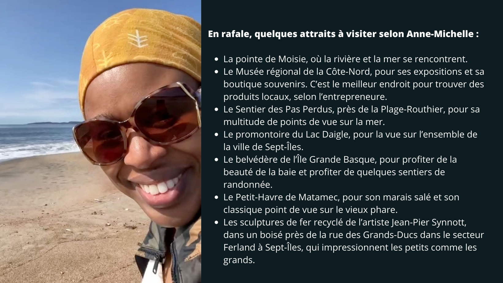 Femme sur une plage de la Côte-Nord avec la liste d'attraits touristiques