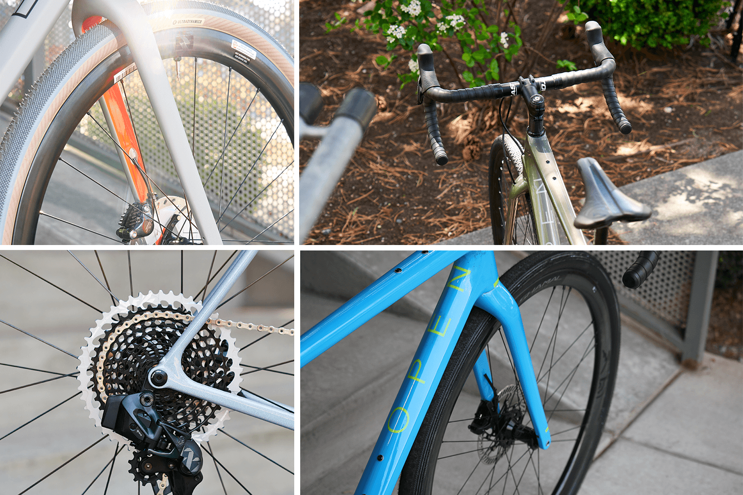 collage of open up gravel bikes, close up of rear wheel, close up of front wheel, frame, overhead shot of frame