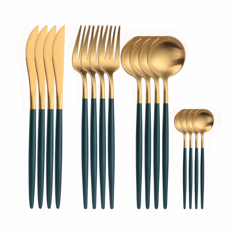 Gold & Black Plastic Cutlery Set for 8