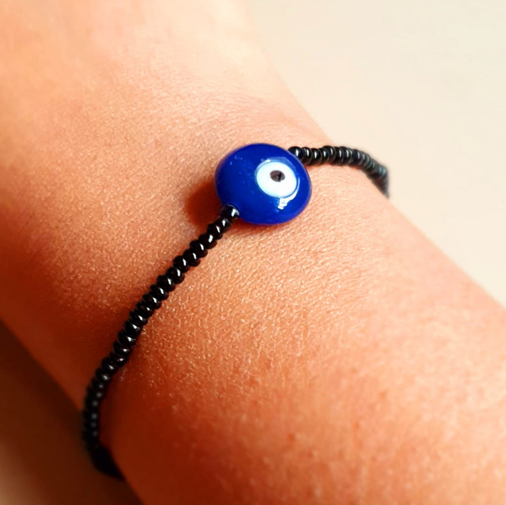 ATM Evil Eye Bracelet for Couples, Flat Blue Evil Eye with Black Beads