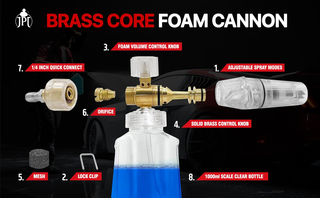 JPT New Advance Transparent Adjustable Pro Foam Cannon For Thick Clinging Foam With 1000 PSI | 70 Bar | 1.1mm Orifice | Brass + ABS Nozzle | 1/4" Quick Connector Included