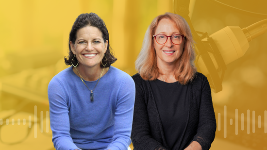 Dr. Mindy Pelz and Caroline Alan on a yellow background featuring a podcast mic.