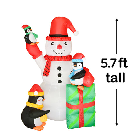 5.7 FT Christmas Inflatable Snowman and 3 Penguins with Present