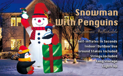 The Christmas Inflatable snowman and the 3 Penguins will transform the front of your house to a beautiful Winter Wonderland! The snowman and trio of penguins cheerfully smile with a soft, glowing light. The built-in LED lights illuminate the North Pole friends to provide a feeling of warmth in everyone's hearts throughout the chilly season.