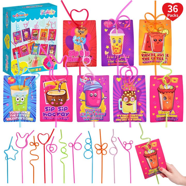 Valentines Day Gifts for Kids - Valentines Day Cards for kids - Set of 32  Crazy Straws Bulk - Valentine Exchange Cards for Girls Boys Toddlers School