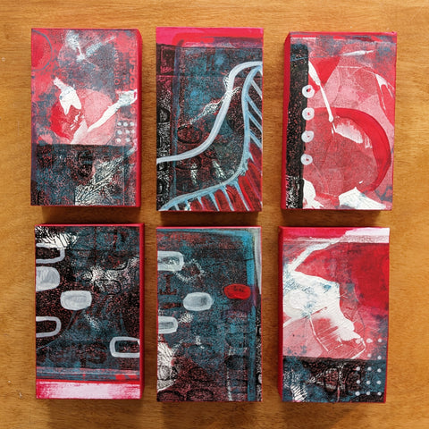 Heartbeat series by Jessica Ramey. Monoprints on poplar blocks
