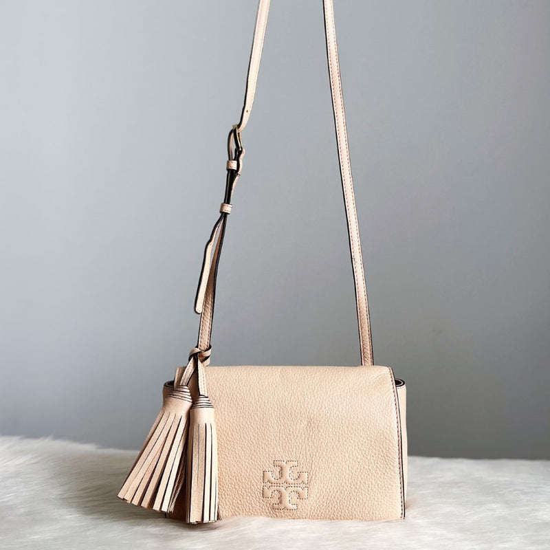 Tory Burch Nude Leather Tassel Detail Crossbody Shoulder Bag – Luxury Trade