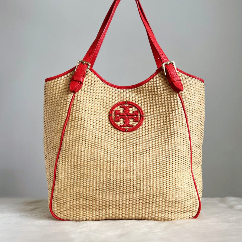 Tory Burch Strawberry Leather Trim Straw Shopper Shoulder Bag – Luxury Trade