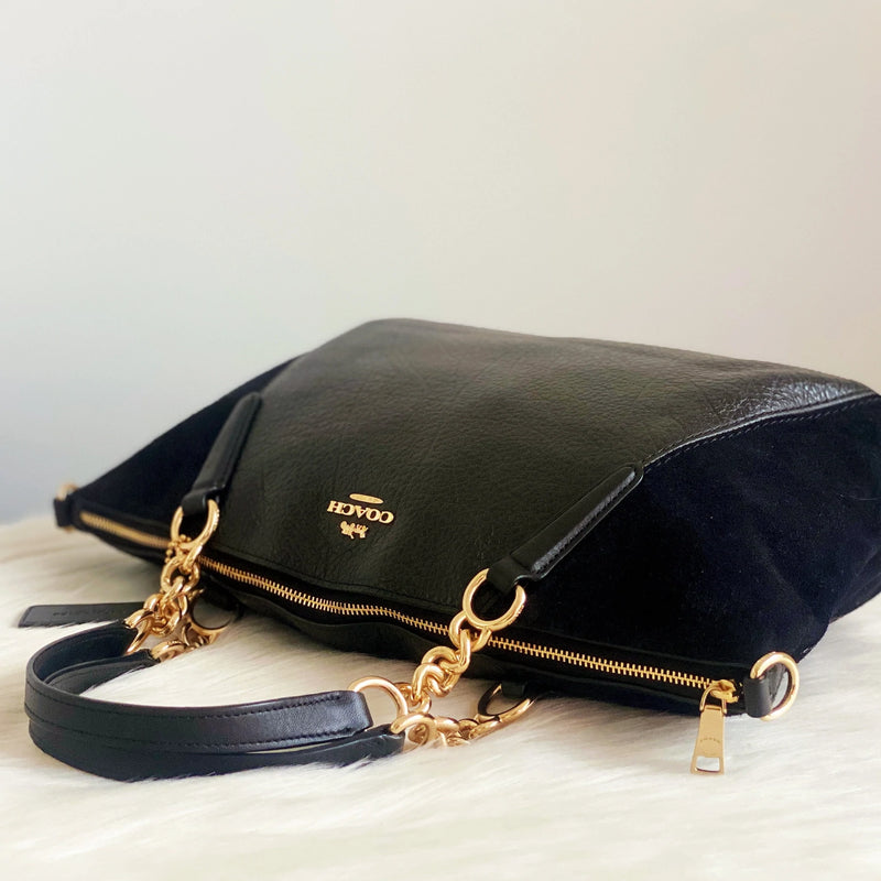 COACH Crossbody Black Leather Purse with Gold Hardware and Gold Chain  Detailing 