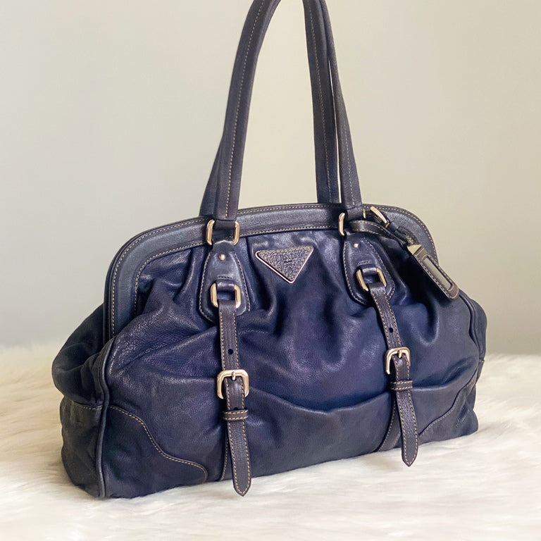 Prada Navy Blue Leather Buckle Detail Shoulder Bag – Luxury Trade