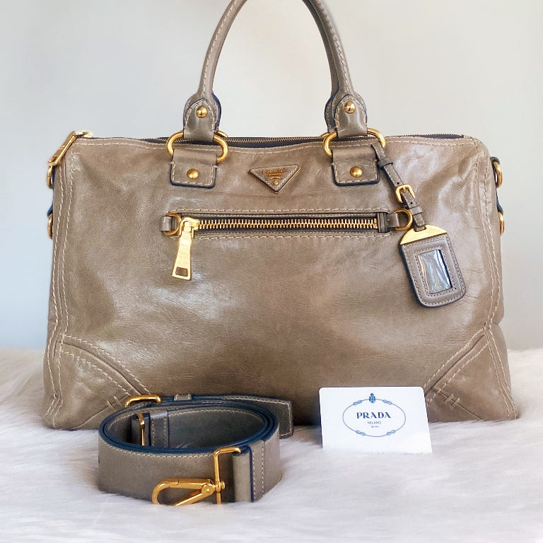 Prada Taupe Leather Front Detail 2 Way Large Shoulder Bag – Luxury Trade