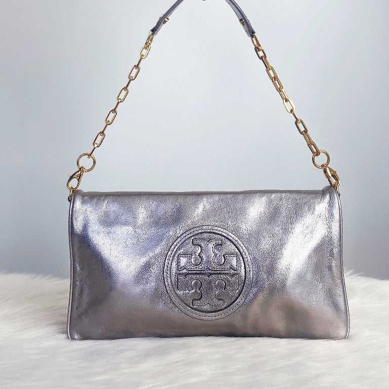 Tory Burch Metallic Silver Leather Signature Logo Shoulder Bag – Luxury  Trade