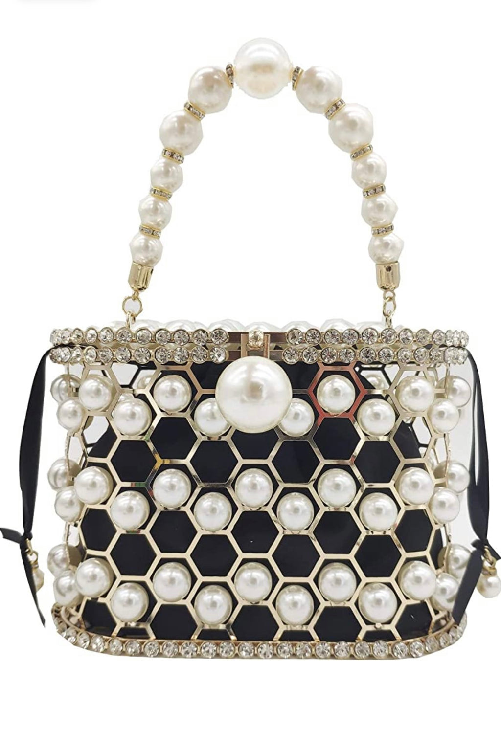 Top-Handle Large Pearl Hexagon Hard Gold Metal Bucket Purse For Women  Evening White/Black Wedding Dinner Handbags Crossbody Bags