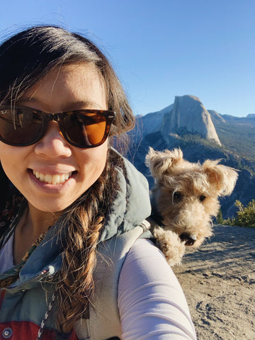 girl and her dog hiking half dome yosemite together. dog is in a backpack! 