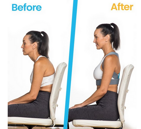 A woman is sitting on a chair with a spine corrector to correct her posture.