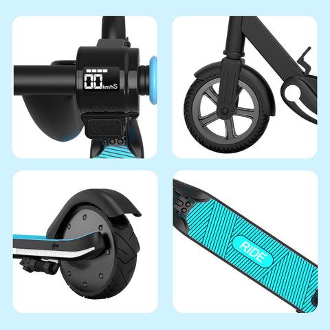 Four different pictures of an electric scooter, perfect for kids as a gift.