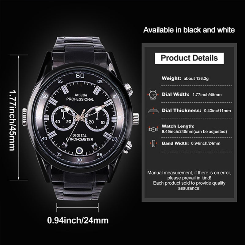 A fashionable black digital-analog SpyCam Watch displaying various measurements, accompanied by product details highlighting size and weight.