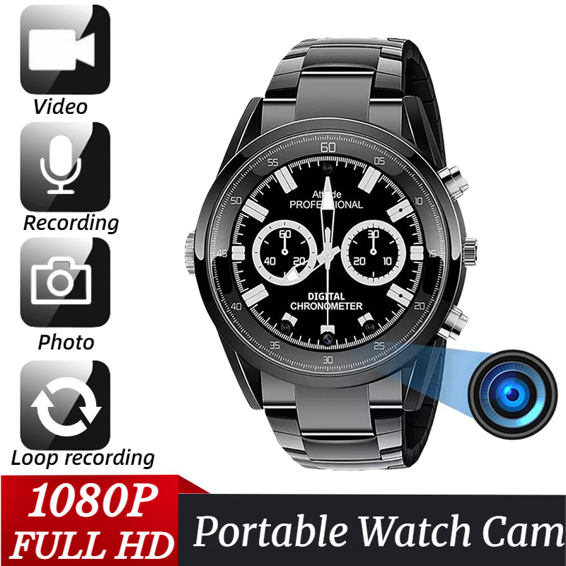 Black analog wristwatch with SpyCam Watch features highlighted by icons for HD video recording, photo capture, and full hd resolution.