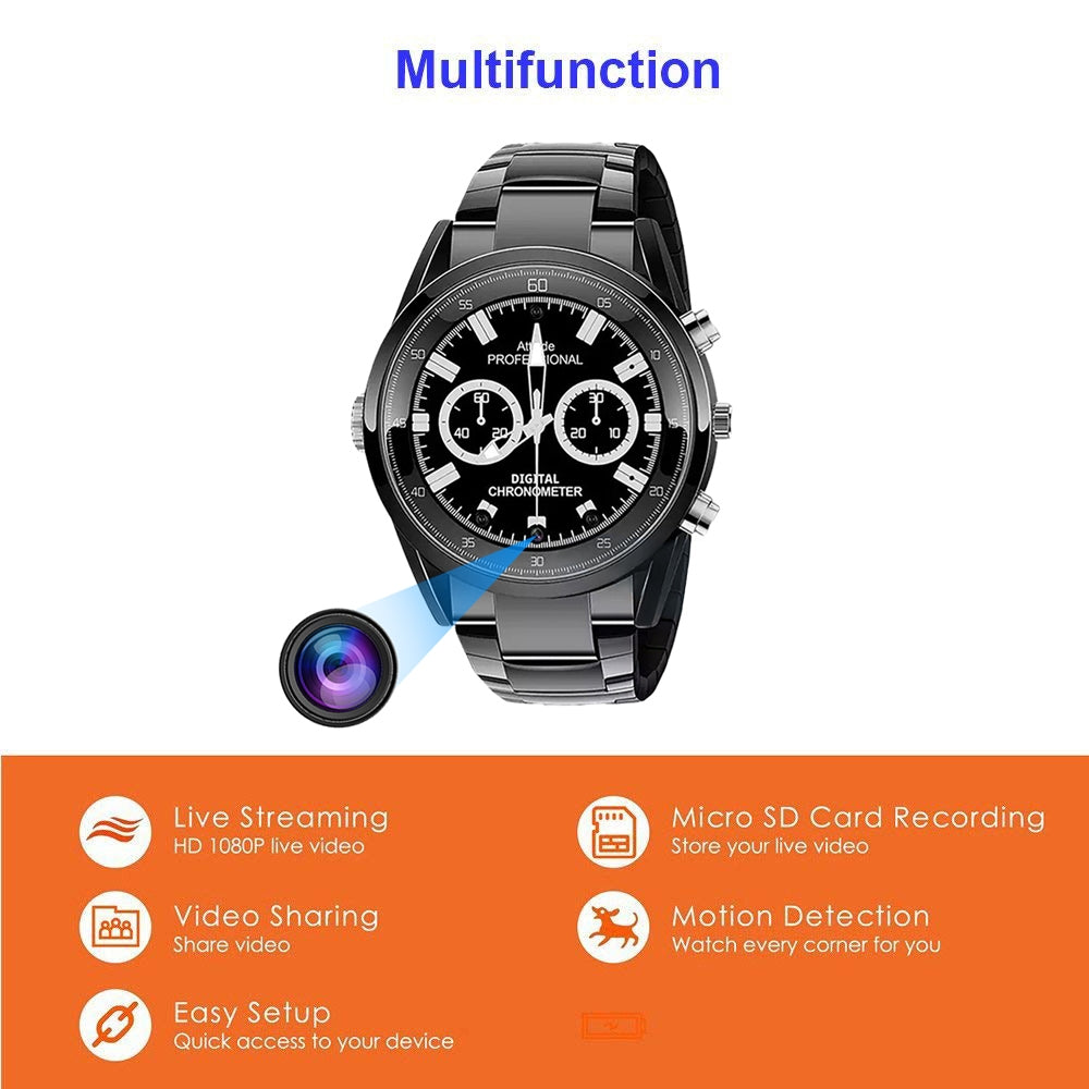 Multifunctional smartwatch with camera lens, advertising features like full HD video recording, micro sd card recording, video sharing, motion detection, and easy setup.