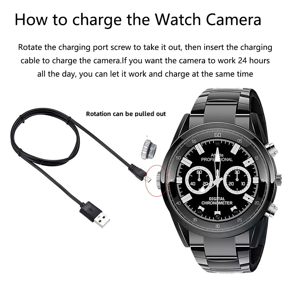 Wristwatch with a hidden spy cam feature, displayed alongside a USB cable and charging instructions, isolated on a white background.