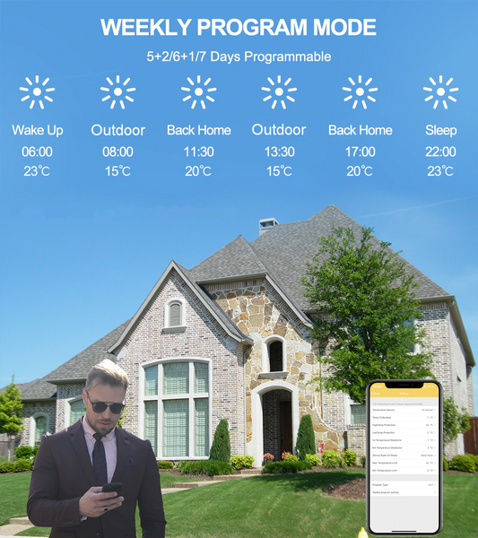 Weekly program mode can be set via the mobile app for an EcoSave thermostat.