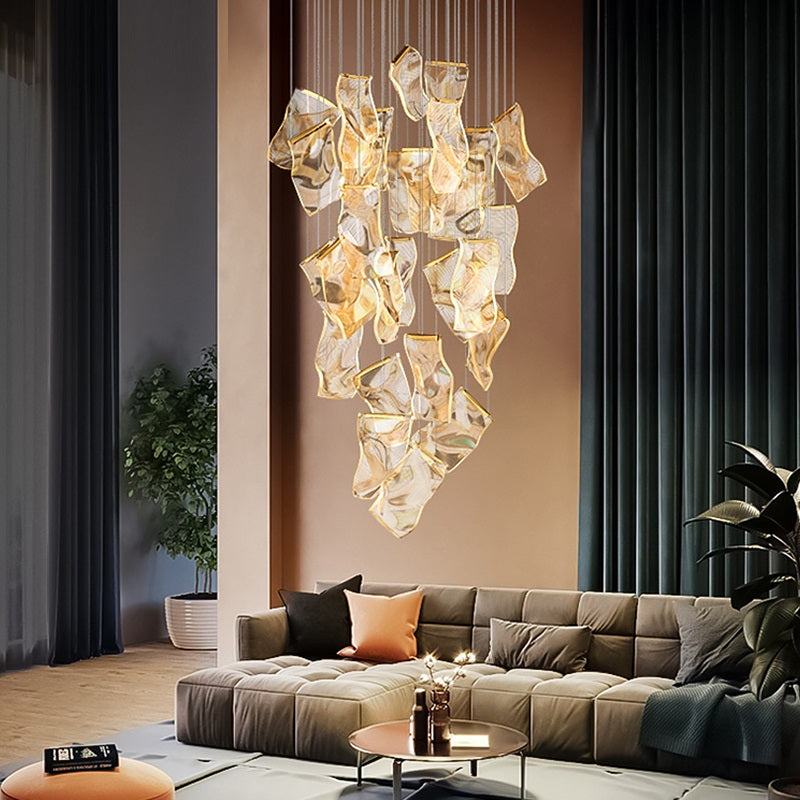 Elevate your living room with a touch of glamour, featuring a postmodern chandelier.