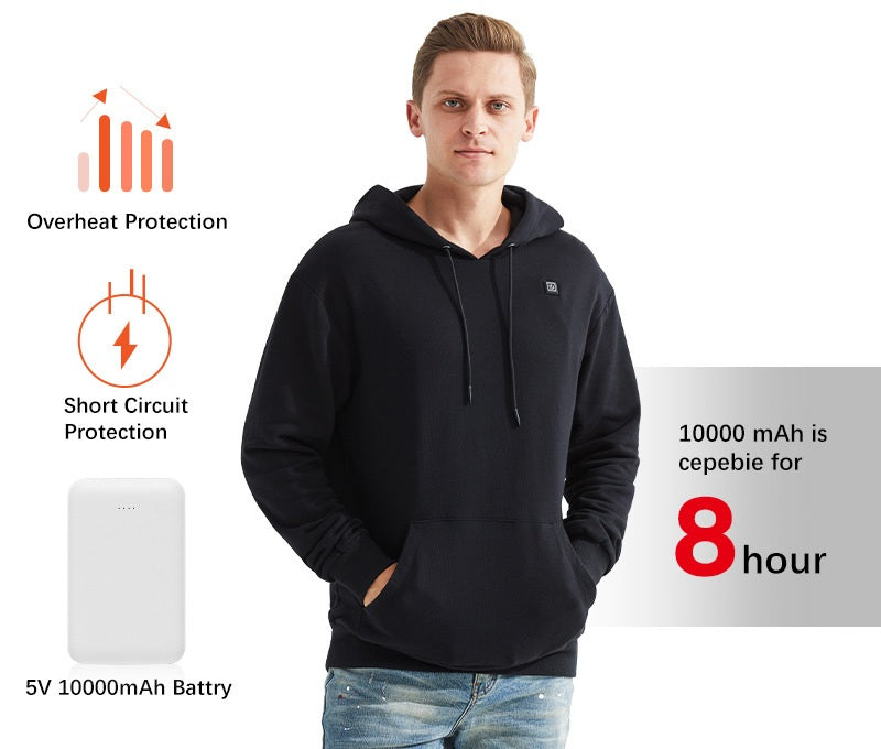 A man wearing a heated hoodie with temperature settings and a streamlined design.
