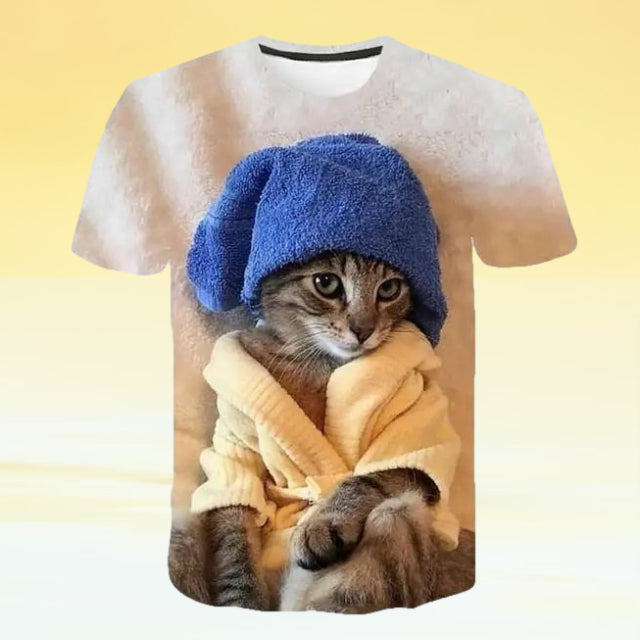 A cat lover's dream - a 3D cat wearing a blue towel and yellow bathrobe after cat bathing on a t-shirt.