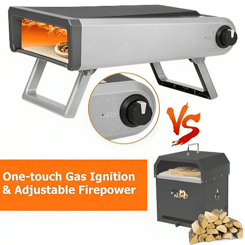 Experience the convenience of one touch gas ignition and enjoy adjustable firepower with our portable pizza oven. Create authentic pizzas in no time!