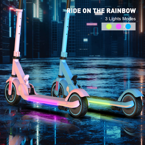 Two portable scooters with colorful rainbow designs, perfect as a gift.