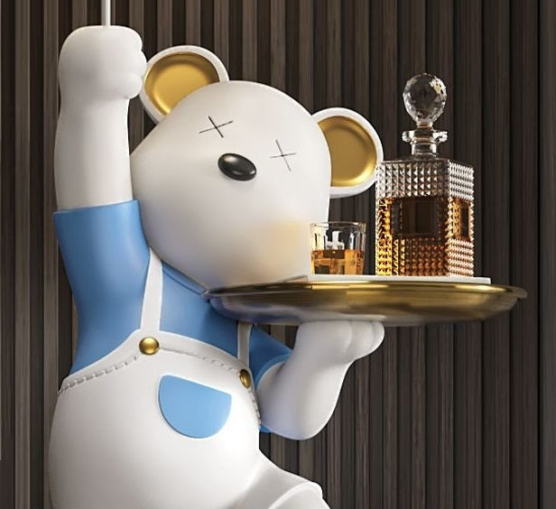 A cartoon bear waiter holding a tray with a fancy perfume bottle and glasses, set against a striped background transforms into an adorable bear statue, perfect for enhancing any home decor with a welcoming atmosphere.