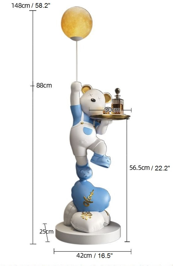 Decorative lamp featuring an adorable bear statue in a spacesuit climbing a stack of celestial bodies, holding a moon-like lamp at the top, with dimensions labeled.