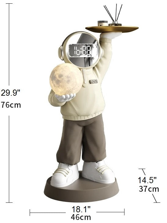 A figurine of an astronaut holding a soothing night light, with a clock-face helmet and measurements indicated.