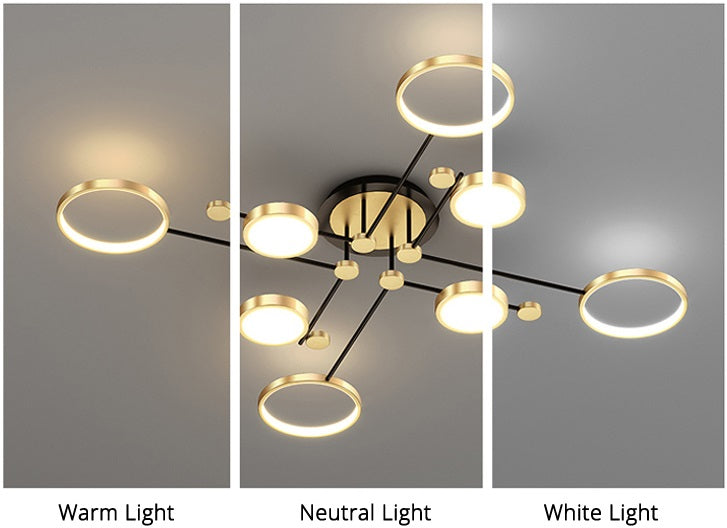 Three images of an Atomic Starburst Ceiling Light in a contemporary space, showing varying light temperatures: warm, neutral, and white light. Each image shows the lamp with different brightness settings.