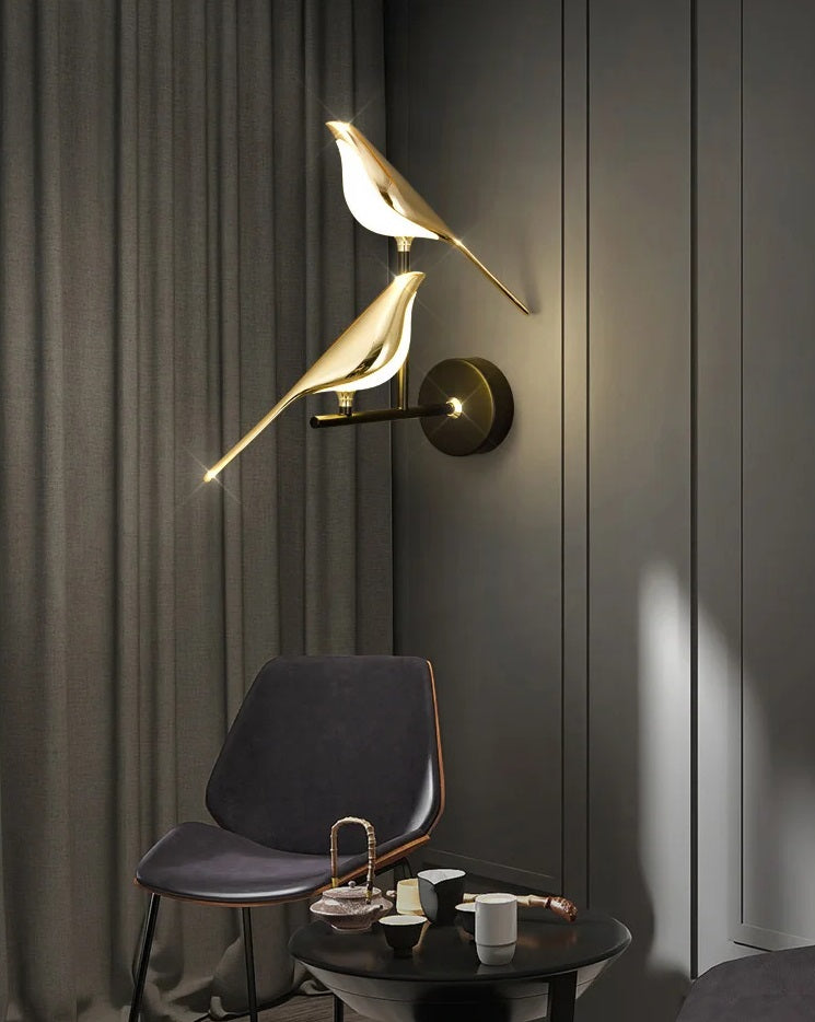 Elegant bird wall light accent piece illuminating a modern room with dark drapes and stylish furniture.
