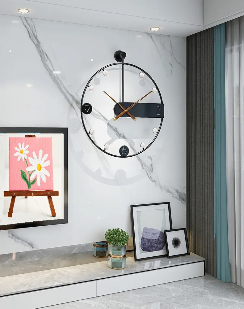 A living room with a modern interior and a Circular Light Wall Clock hanging on the wall.