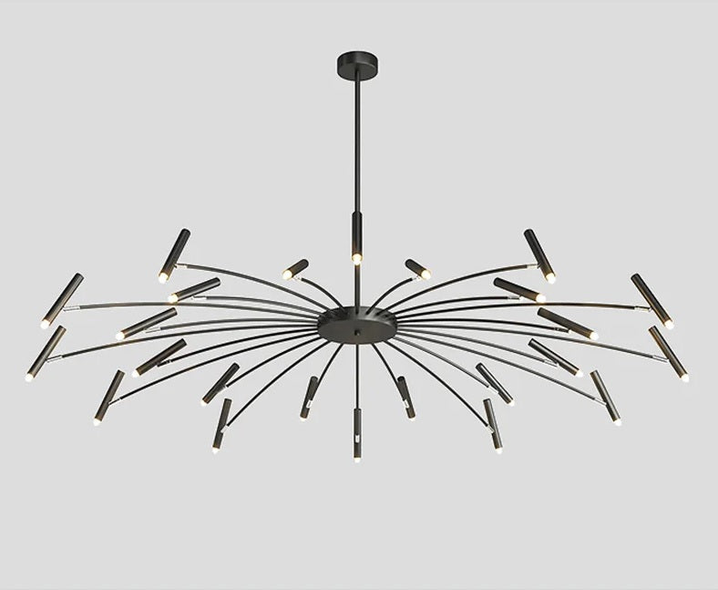 A contemporary black chandelier with adjustable lighting and many candle-style lights hanging from it.