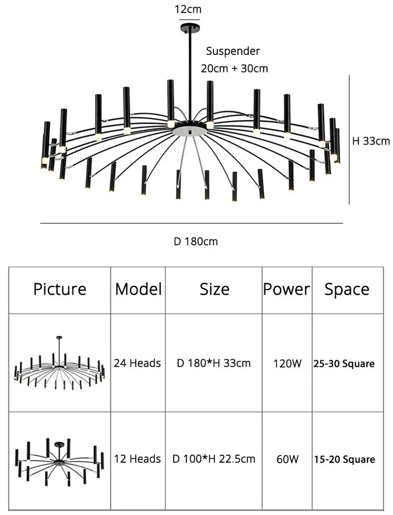 An elegant diagram showcasing the adjustable dimensions of a modern candle style chandelier.