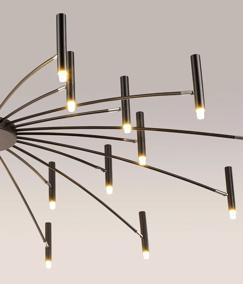 A contemporary chandelier with an adjustable lighting system, radiating elegance with its multitude of lights.