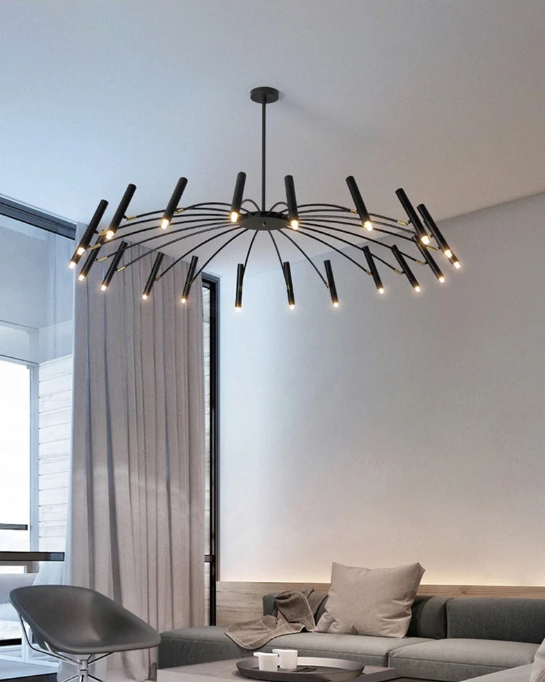 A contemporary living room with adjustable lighting and an elegant black chandelier.