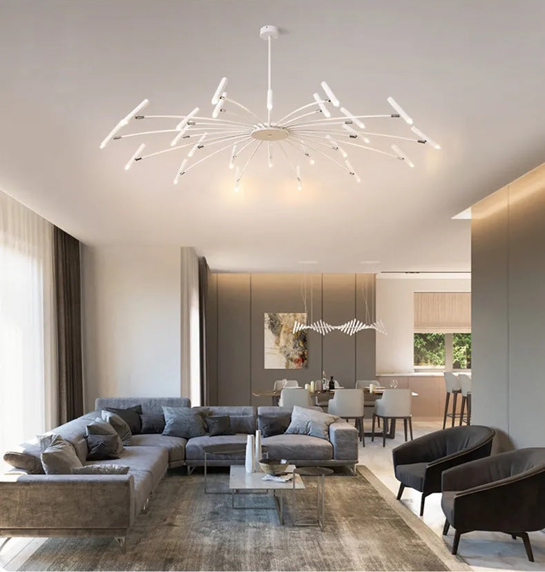 A contemporary living room with a large and white chandelier combining elegance and adjustable lighting.