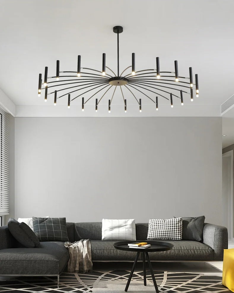 A contemporary living room with a black and yellow chandelier exuding elegance.
