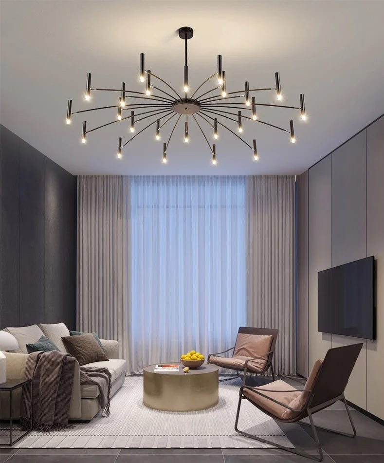 A modern living room with a contemporary chandelier providing adjustable lighting.