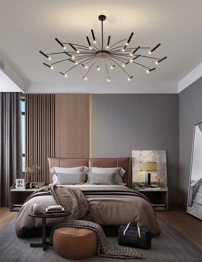 This modern bedroom exudes elegance with its stunning chandelier, creating a luxurious space.