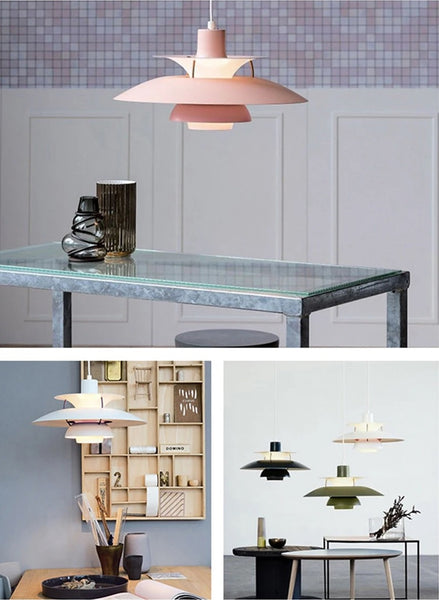 Four different pictures showcasing the style and function of a dining room with a pendant light.