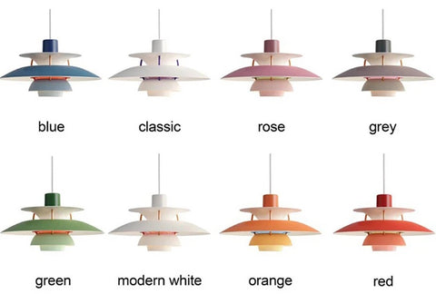 A stylish set of pendant lights featuring different colors for each pendant.