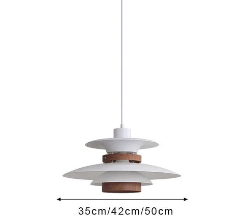 A Scandinavian pendant light featuring a natural wood shade.